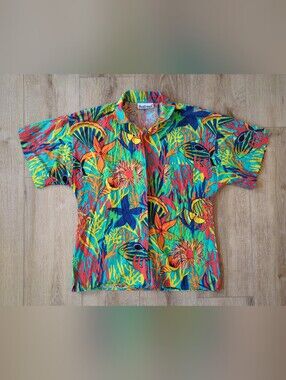 Vintage Aquarium Core Colorful Coral Reef Button Up Short Sleeve Collared